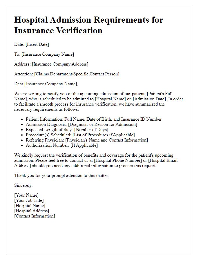 Letter template of hospital admission requirements for insurance verification.