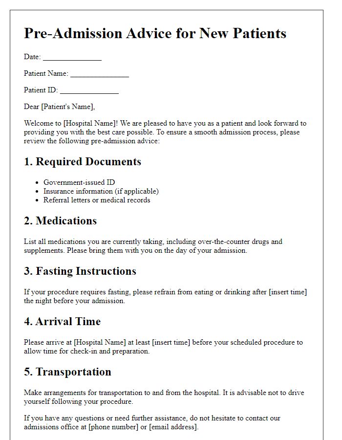 Letter template of hospital pre-admission advice for new patients.