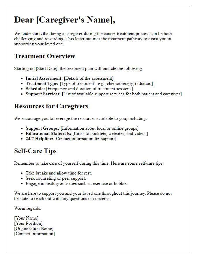 Letter template of cancer treatment pathway for caregiver support.