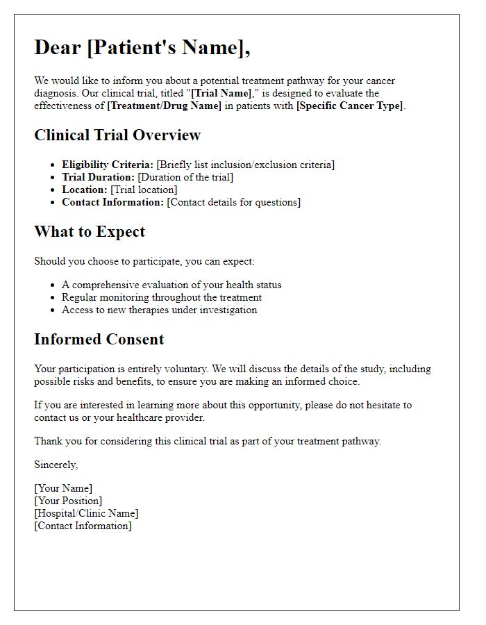 Letter template of cancer treatment pathway for clinical trial information.