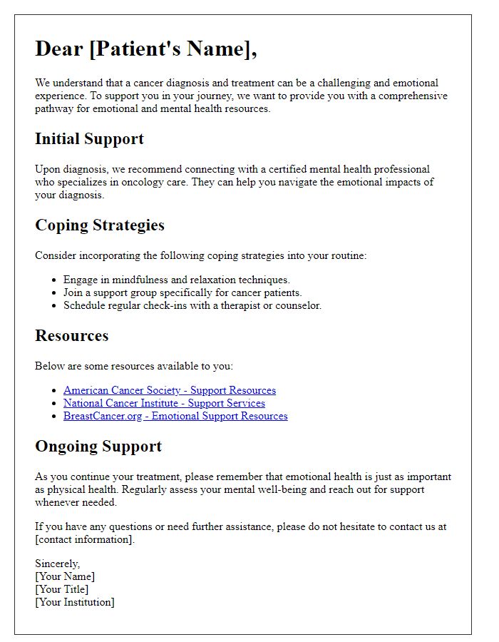 Letter template of cancer treatment pathway for emotional and mental health resources.