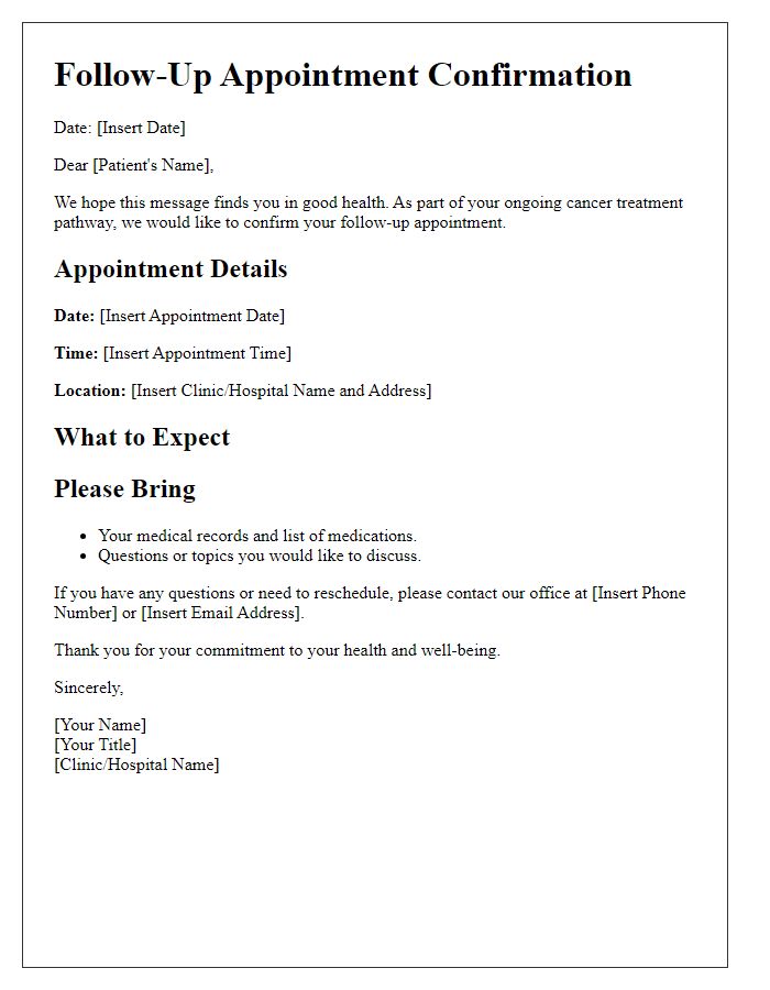 Letter template of cancer treatment pathway for follow-up appointments.