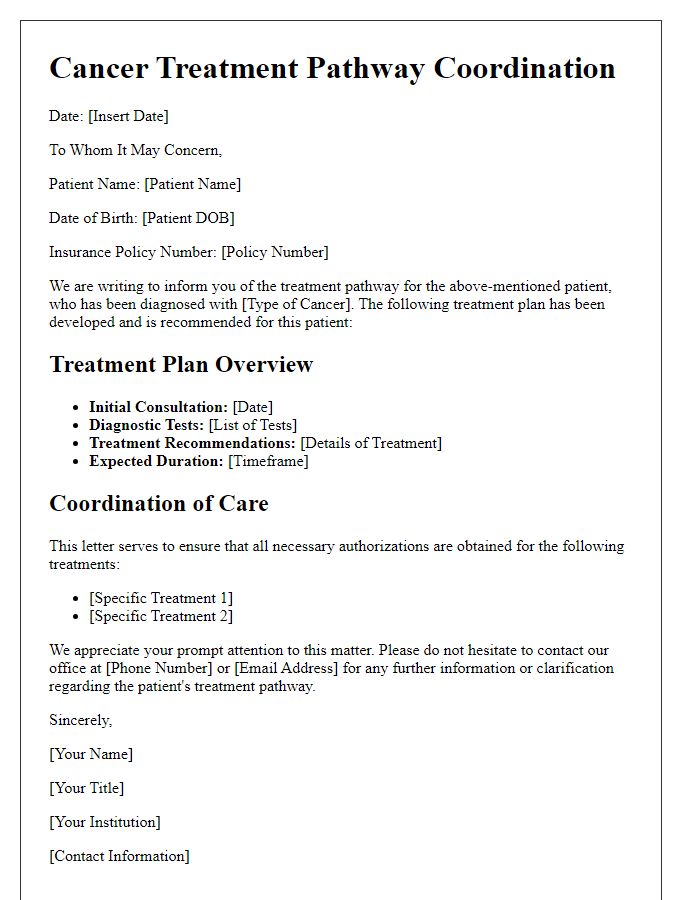 Letter template of cancer treatment pathway for health insurance coordination.