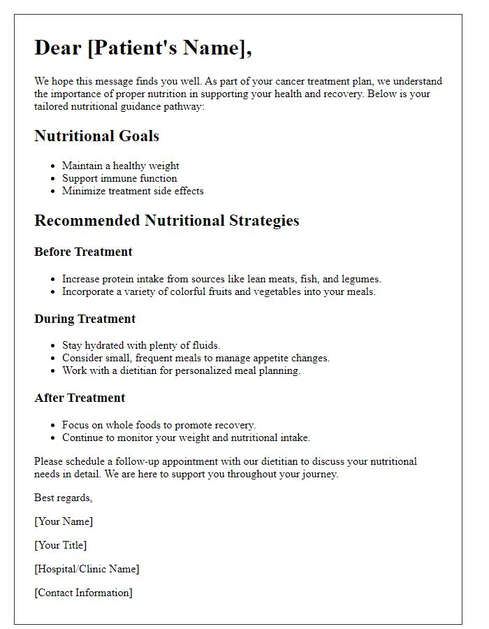 Letter template of cancer treatment pathway for nutritional guidance.