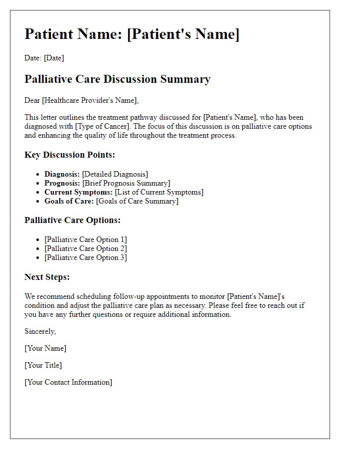 Letter template of cancer treatment pathway for palliative care discussions.