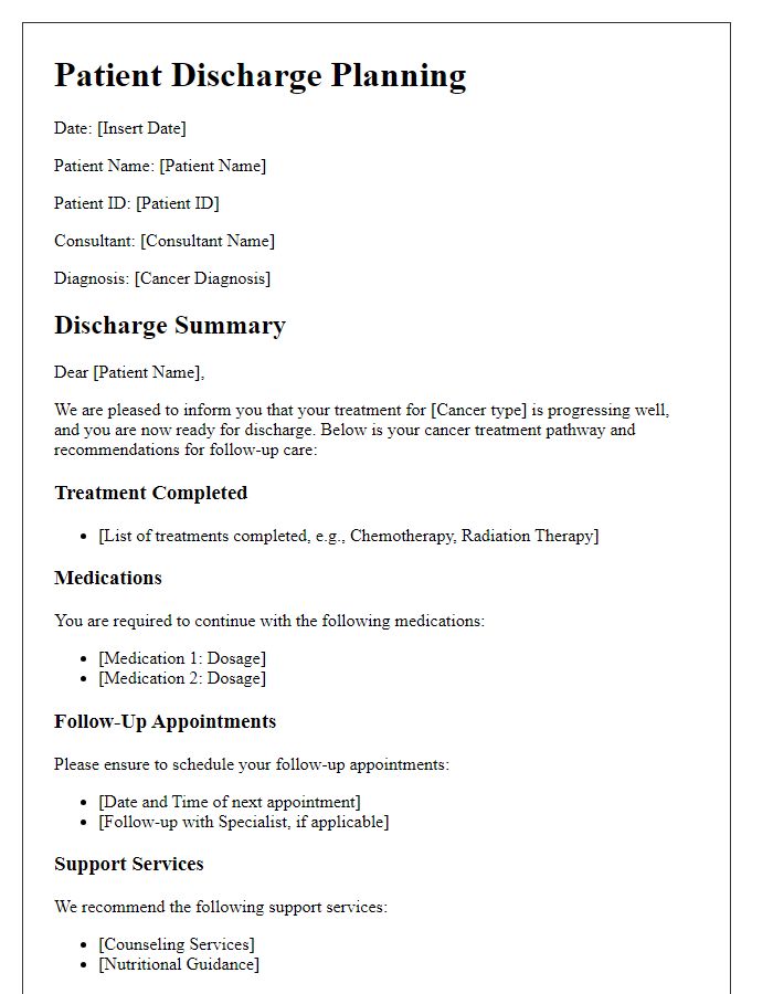 Letter template of cancer treatment pathway for patient discharge planning.