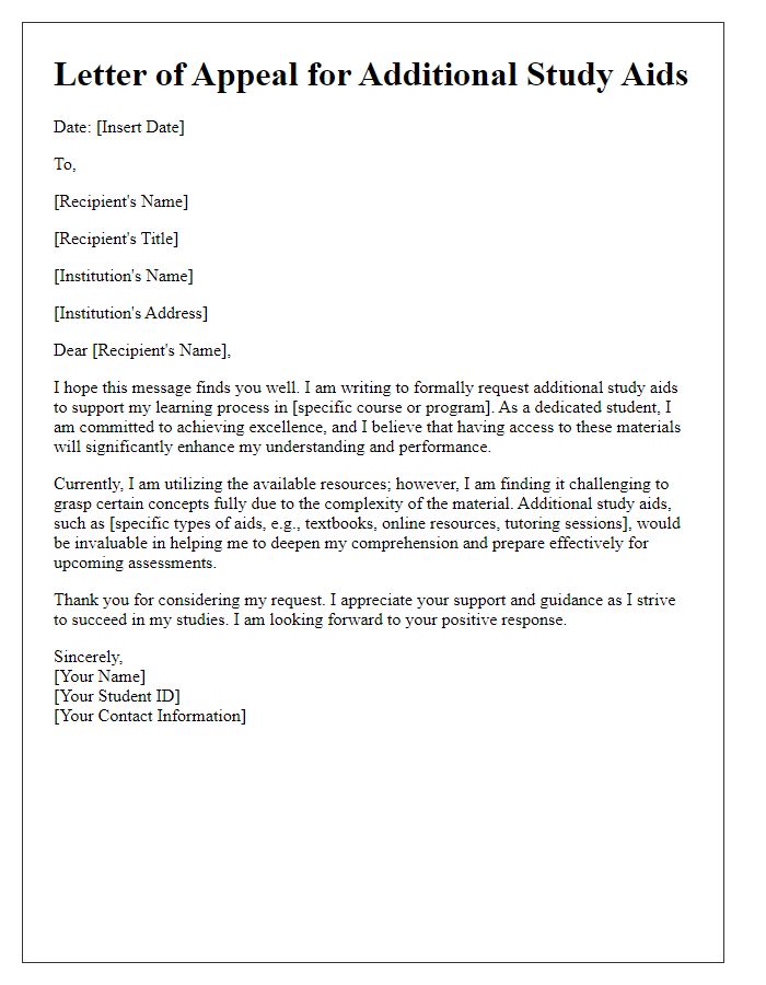 Letter template of appeal for additional study aids