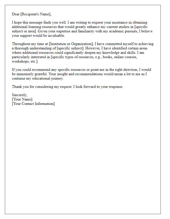 Letter template of recommendation request for additional learning resources