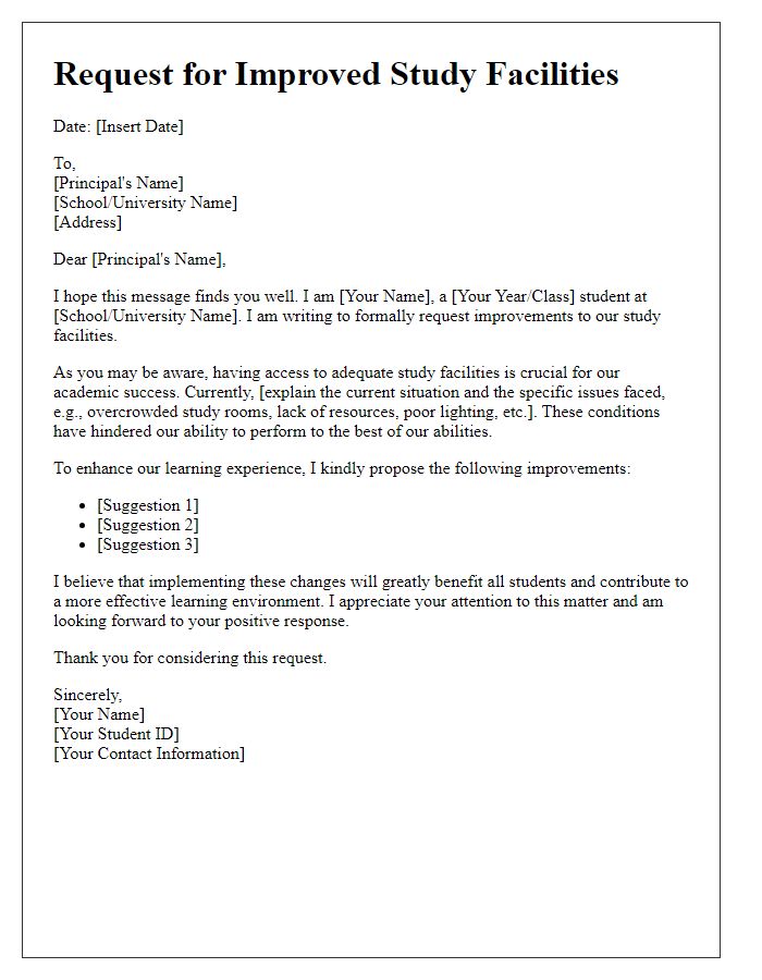 Letter template of request for improved study facilities