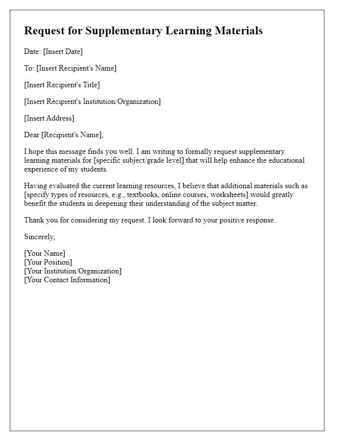 Letter template of request for supplementary learning materials