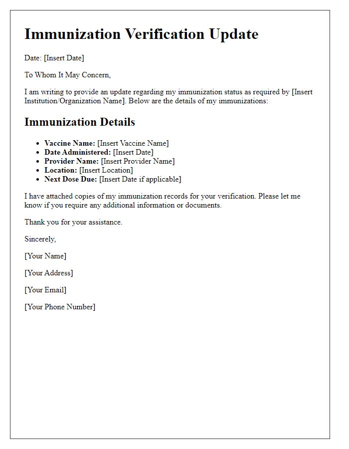 Letter template of immunization verification update