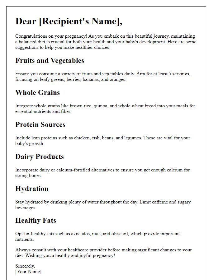 Letter template of balanced diet suggestions for mothers-to-be.