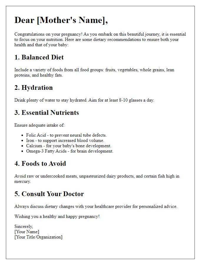 Letter template of dietary recommendations for expectant mothers.