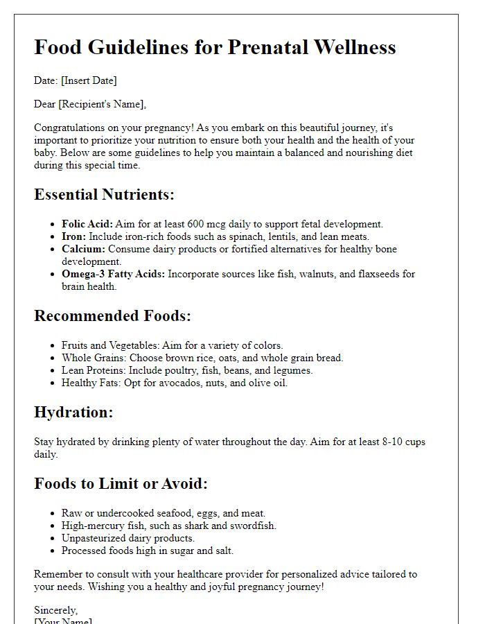 Letter template of food guidelines for prenatal wellness.