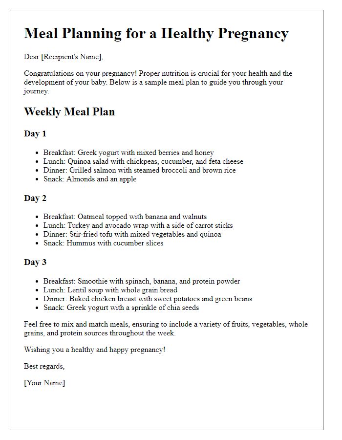 Letter template of meal planning for a healthy pregnancy.