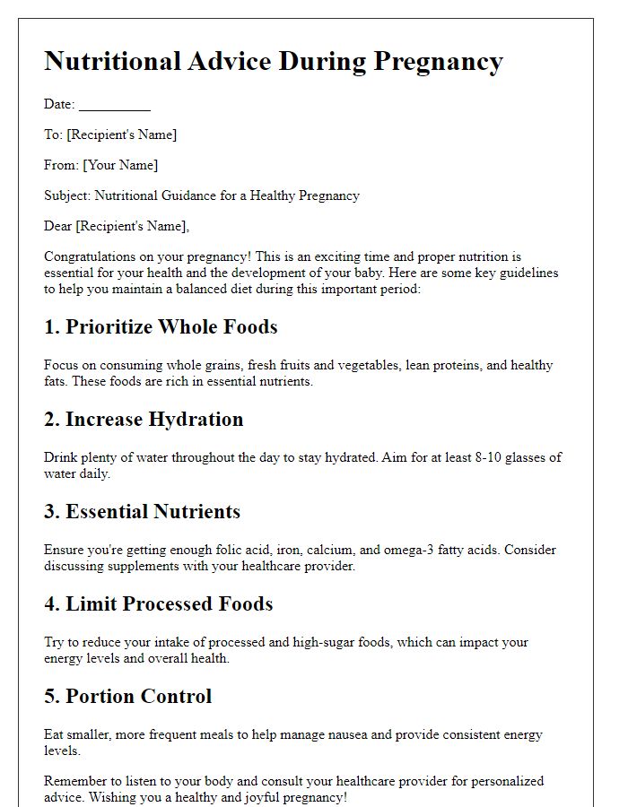 Letter template of nutritional advice during pregnancy.