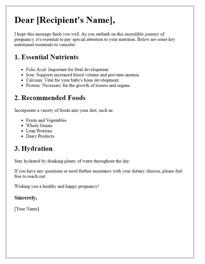 Letter template of pregnancy nutrition essentials.