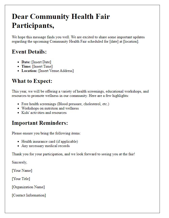 Letter template of Information Update for Community Health Fair Participants