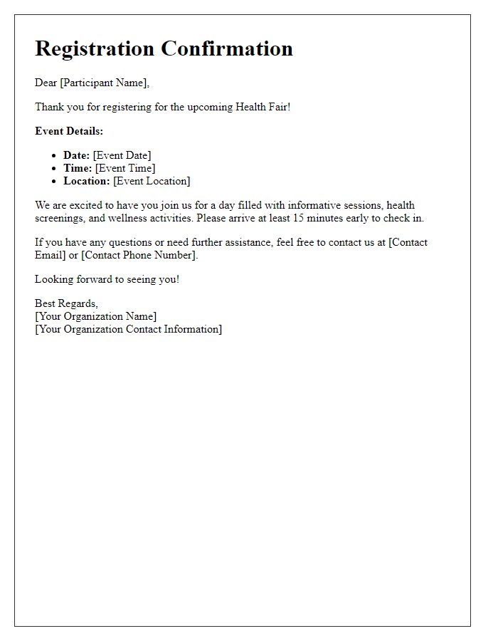 Letter template of Registration Confirmation for Health Fair