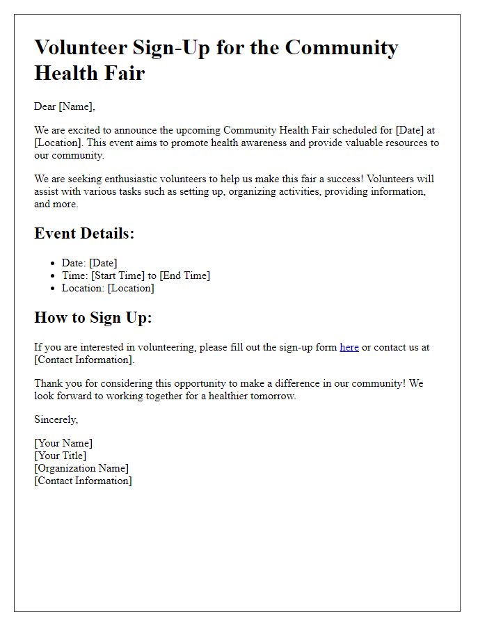 Letter template of Volunteer Sign-Up for Community Health Fair