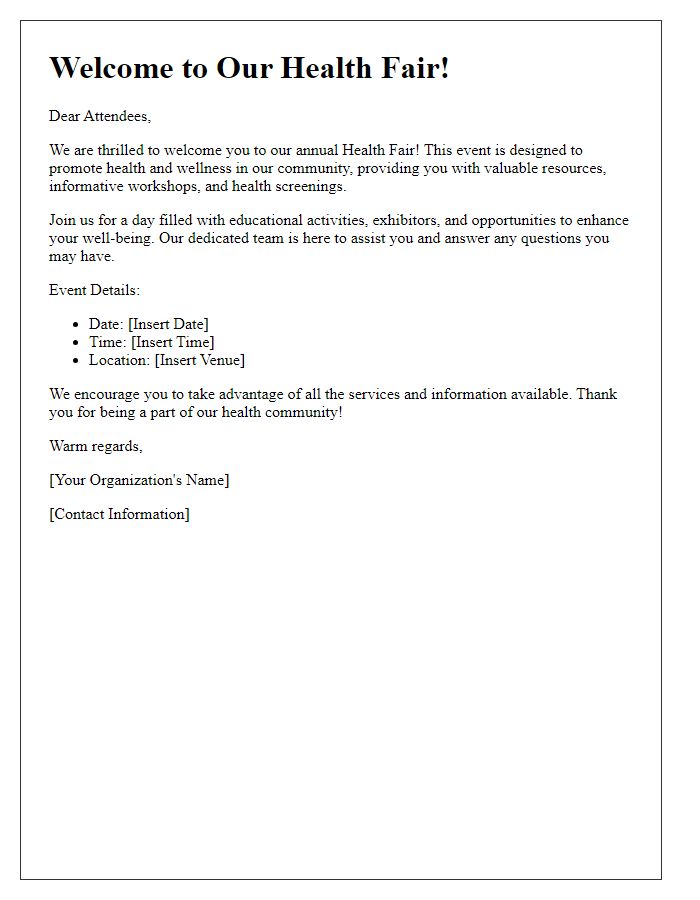 Letter template of Welcome Message for Health Fair Attendees