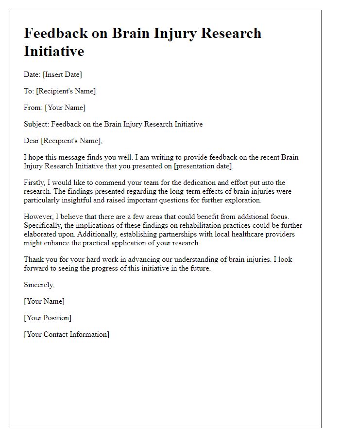 Letter template of feedback for brain injury research initiative.