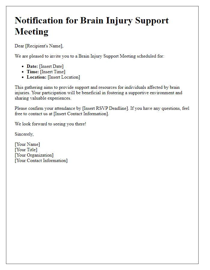 Letter template of notification for brain injury support meeting.