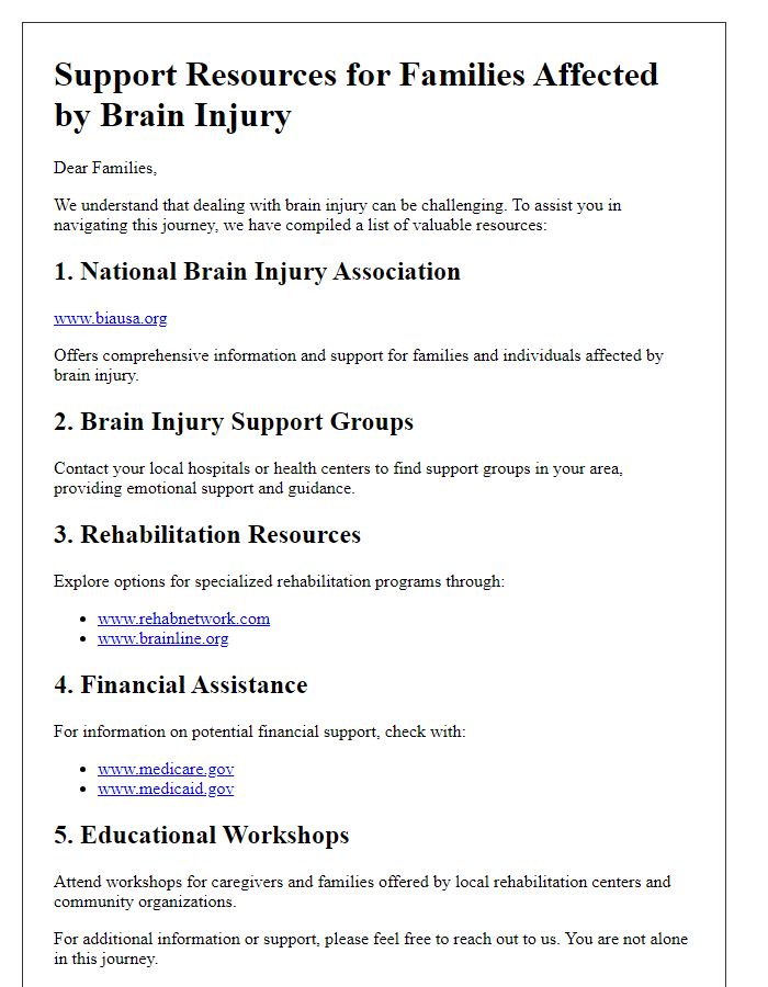 Letter template of resources for families affected by brain injury.