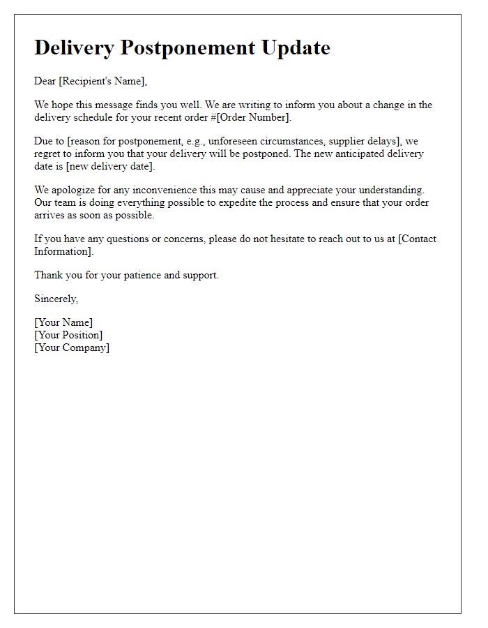 Letter template of delivery postponement update