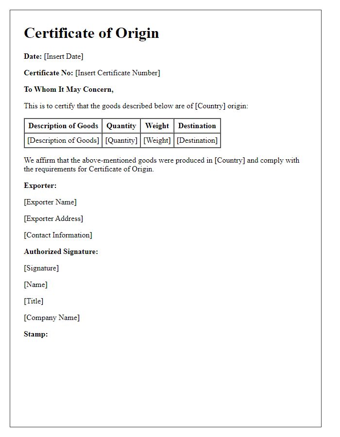 Letter template of certificate of origin for global transport