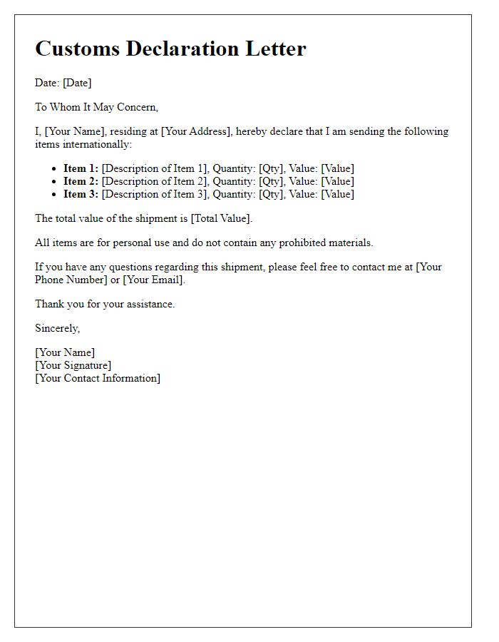 Letter template of customs declaration for international shipping