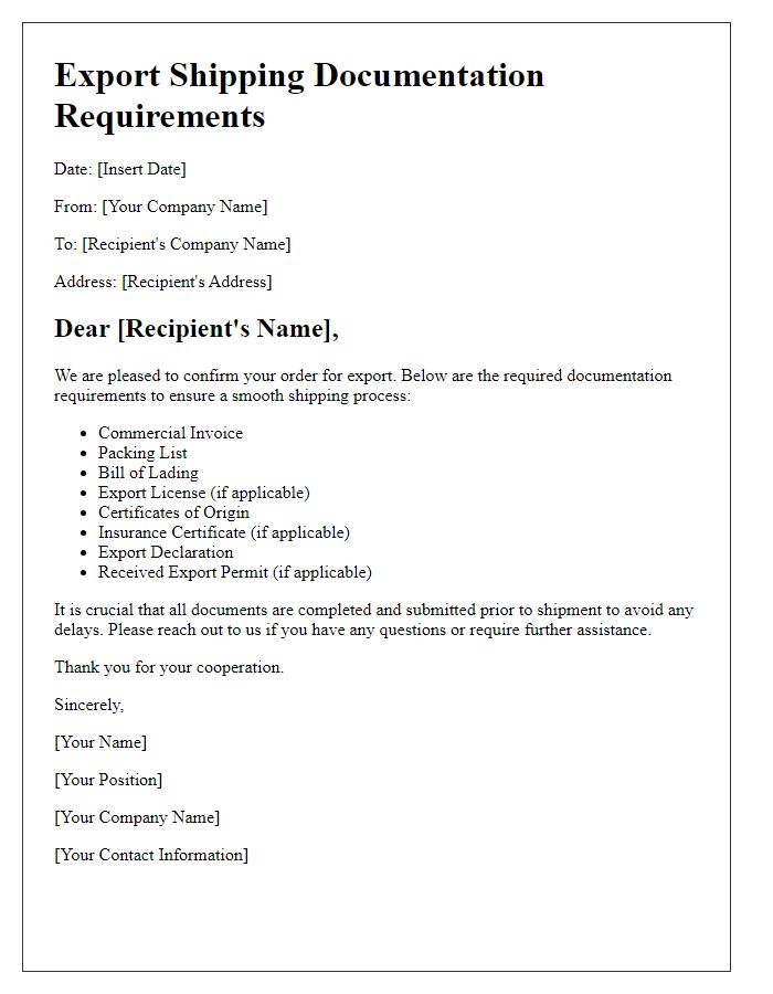 Letter template of export shipping documentation requirements