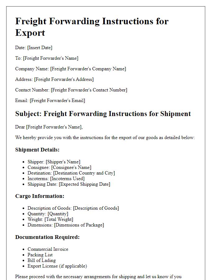 Letter template of freight forwarding instructions for export