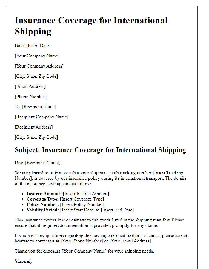 Letter template of insurance coverage for international shipping