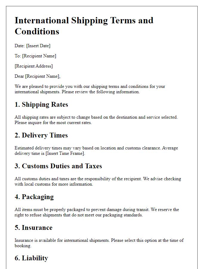 Letter template of international shipping terms and conditions