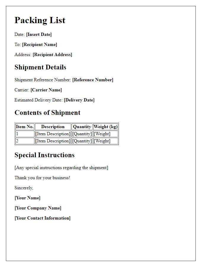 Letter template of packing list for overseas shipment