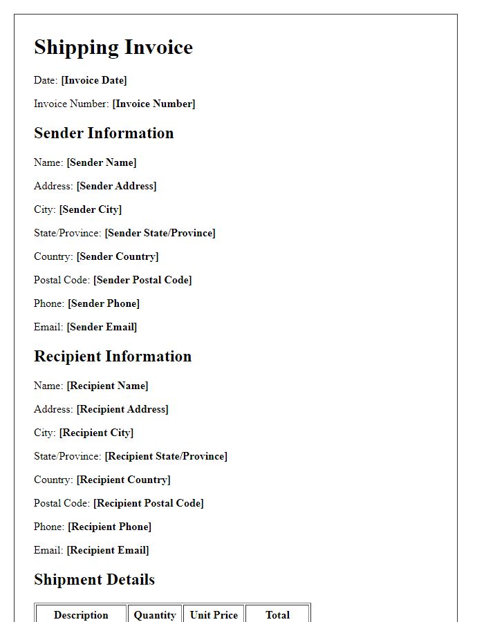 Letter template of shipping invoice for cross-border delivery