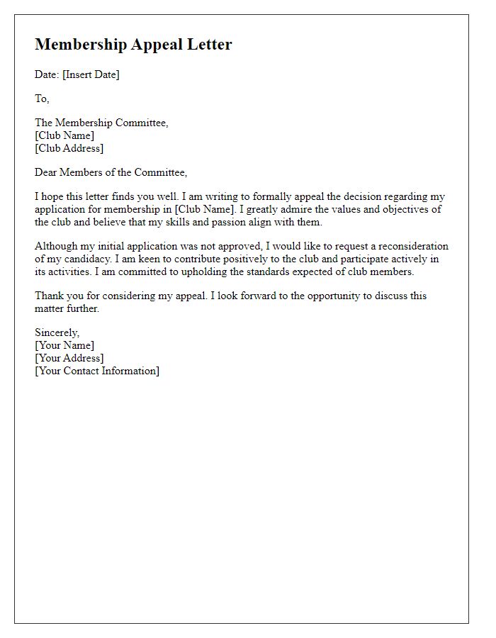 Letter template of appeal for club membership approval