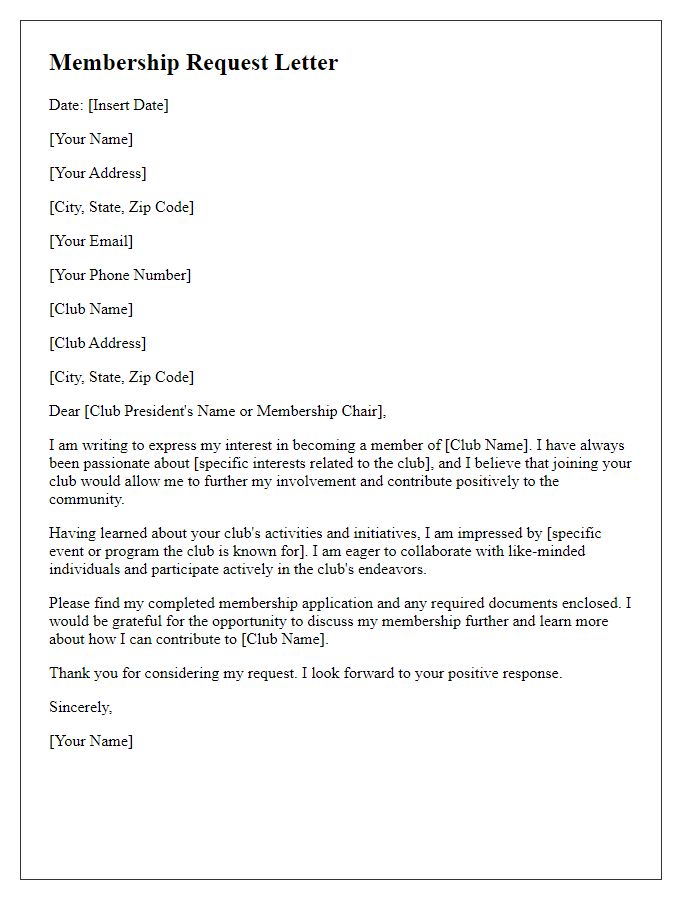 Letter template of club membership request