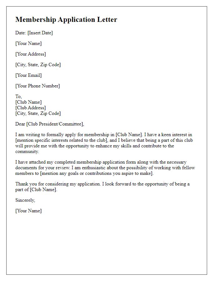 Letter template of formal application to become a club member