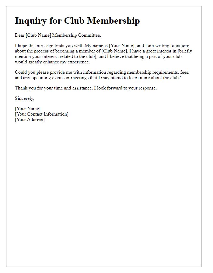 Letter template of inquiry for club membership