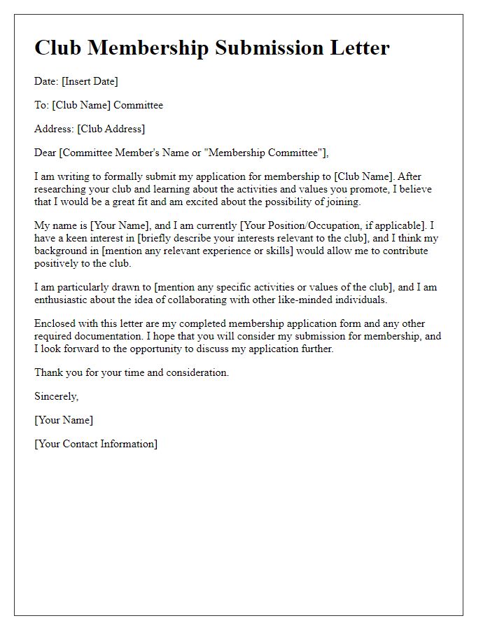 Letter template of submission for club membership consideration