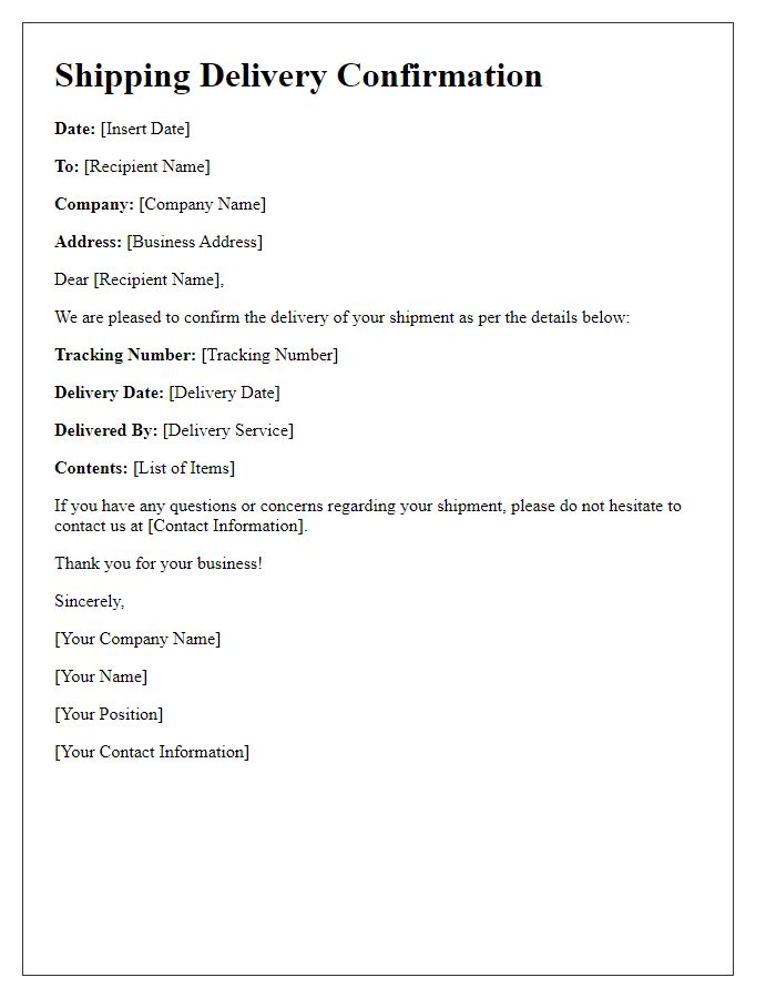 Letter template of shipping delivery confirmation for business addresses