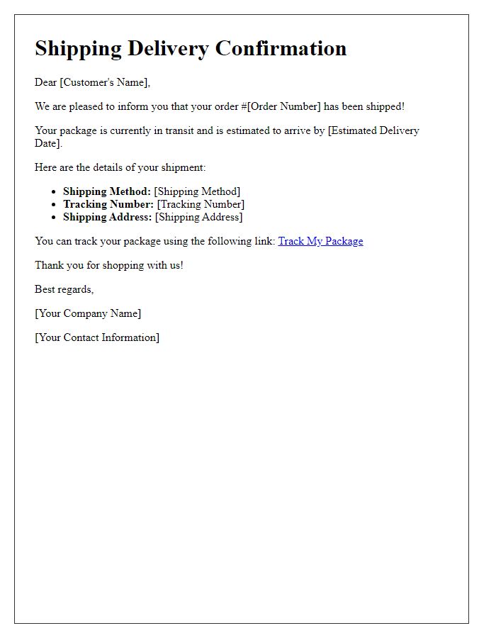 Letter template of shipping delivery confirmation with estimated delivery date