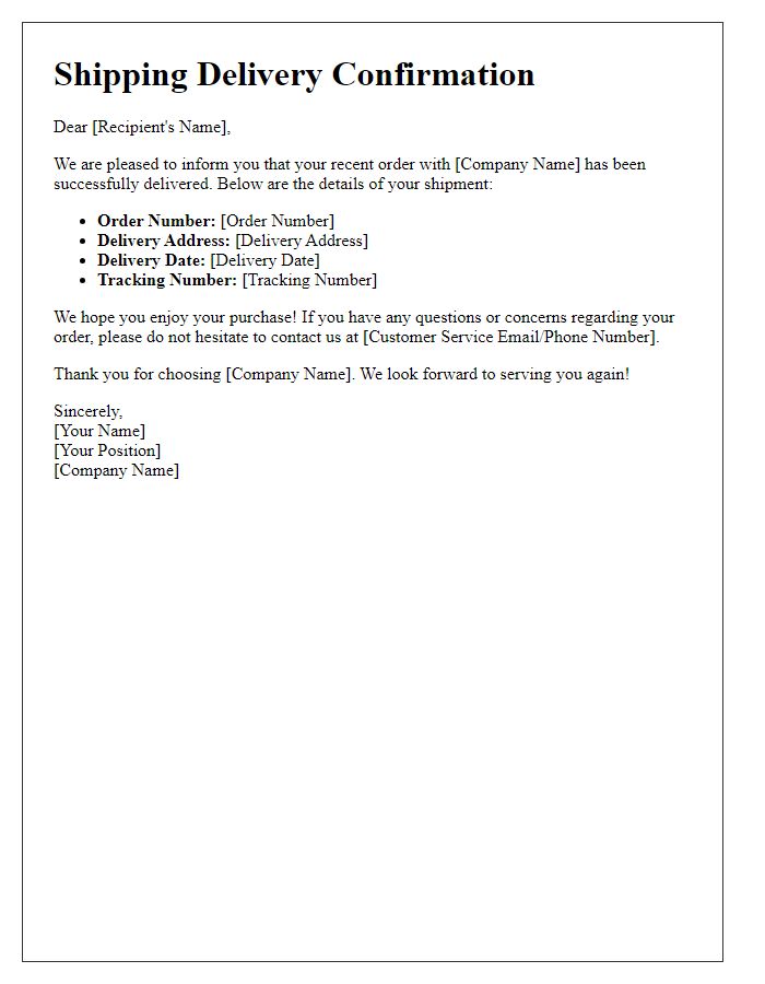 Letter template of shipping delivery confirmation for express deliveries