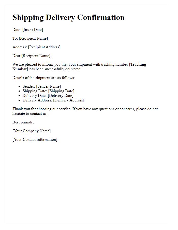 Letter template of shipping delivery confirmation for international shipments