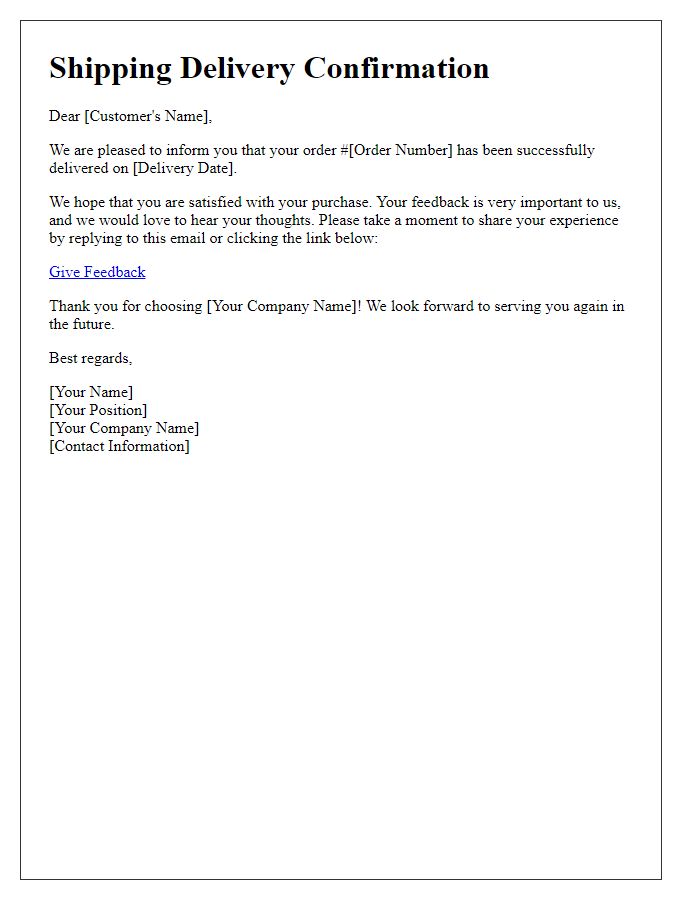Letter template of shipping delivery confirmation requiring feedback