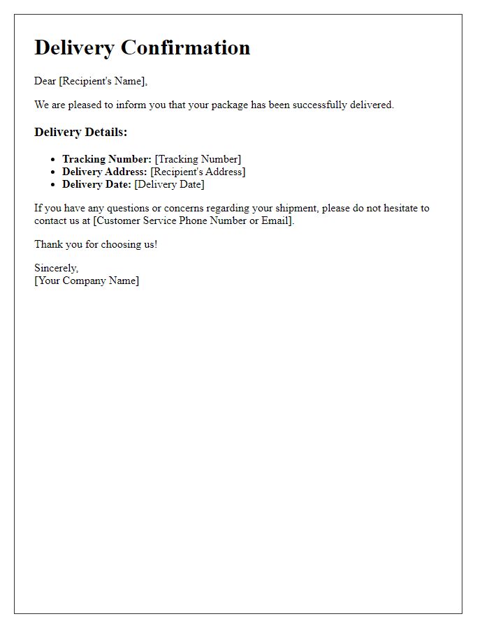 Letter template of shipping delivery confirmation for residential addresses