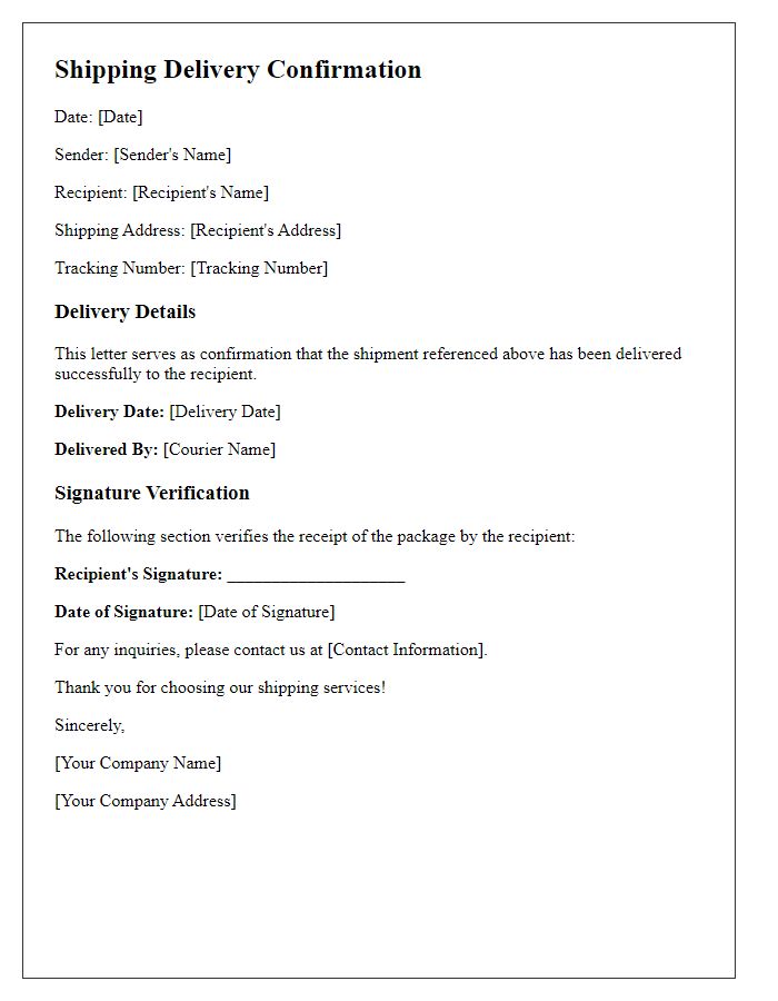 Letter template of shipping delivery confirmation with signature verification