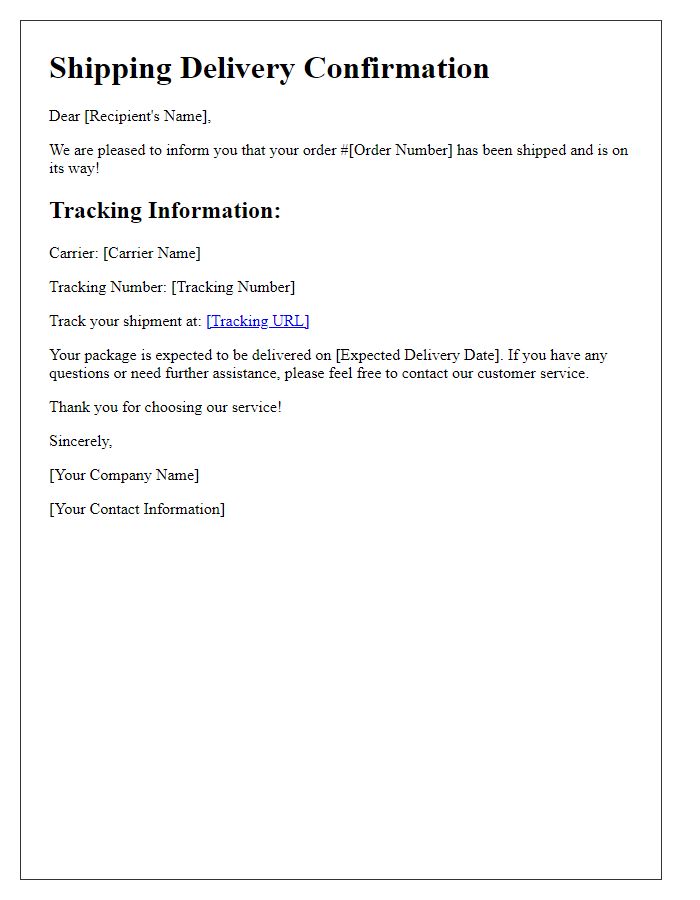 Letter template of shipping delivery confirmation with tracking information